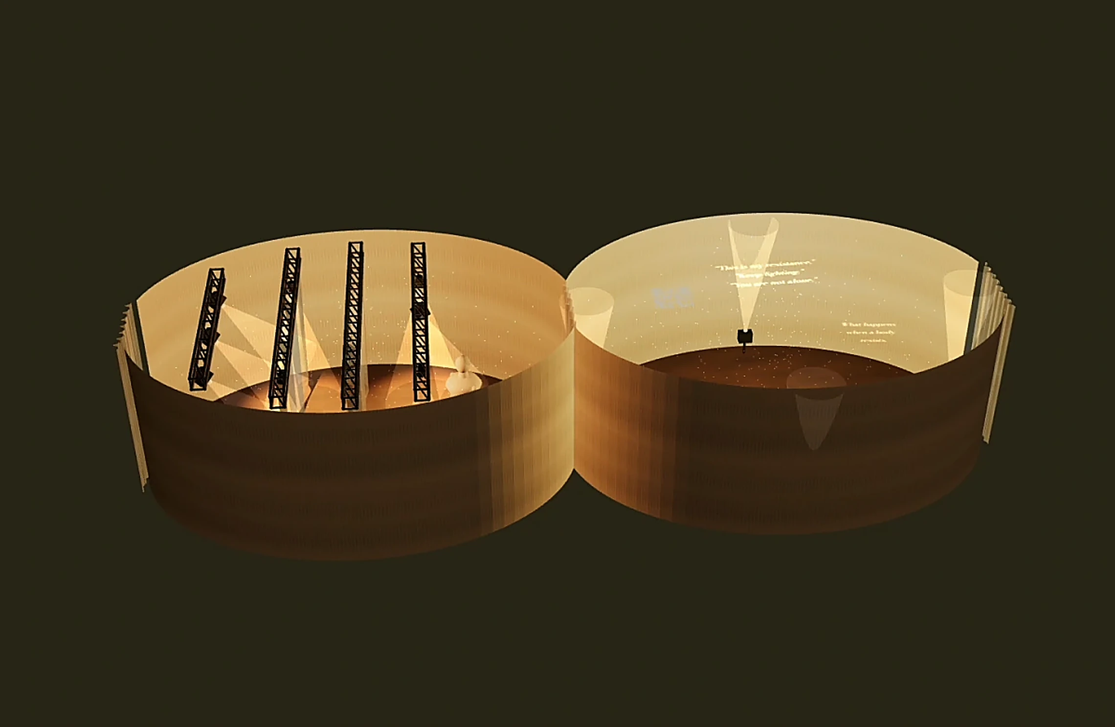 ALÇAR spatial model: two connected fabric rooms with light and projection